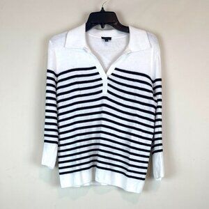 Talbots white collared polo sweater black stripes button cuffs nautical preppy M